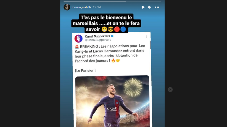 PSG-Ultra Romain Basille hat für Lucas Hernandez offenbar nicht viel übrig. (Quelle: Instagram)