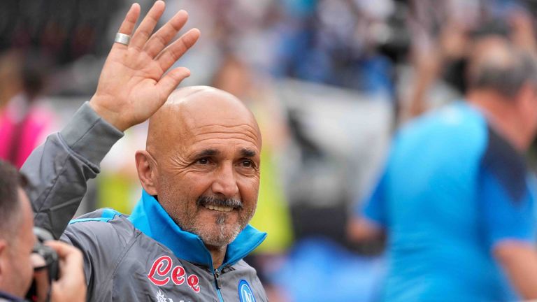 Napoli&#39;s head coach Luciano Spalletti wave to fans prior to the start of the Serie A soccer match between Napoli and Sampdoria at the Diego Maradona Stadium, in Naples, Sunday, June 4, 2023. (AP Photo/Andrew Medichini)