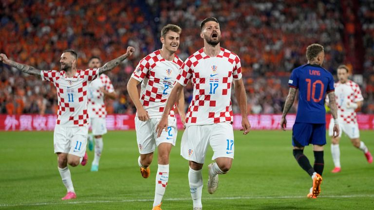Croatia's Bruno Petkovic celebrates after scoring his side's third goal during the Nations League semifinal soccer match between the Netherlands and Croatia at De Kuip stadium in Rotterdam, Netherlands, Wednesday, June 14, 2023. (AP Photo/Peter Dejong)