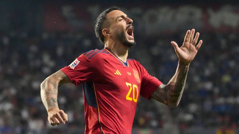 Spain's Joselu celebrates after scoring his side's winner vs Italy in the Nations League sem-final