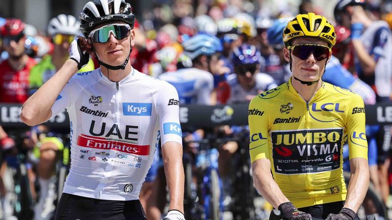 Das heiße Duell der Superstars bei der Tour de France 2023: Vingegaard (r.) gegen Pogacar.