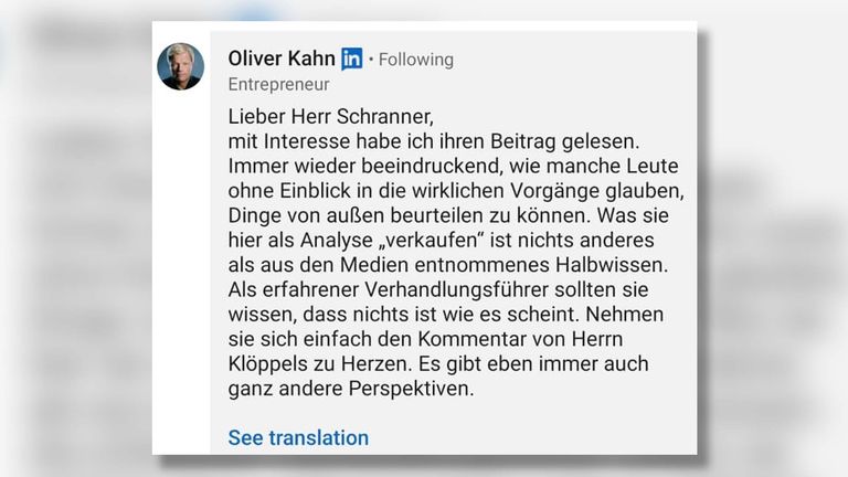Die Antwort von Oliver Kahn auf die Kritik an seiner Person. (Quelle: LinkedIn)