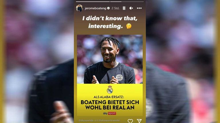 Jerome Boateng hat auf das Real-Gerücht reagiert (Quelle: Instagram-Story @jeromeboateng).