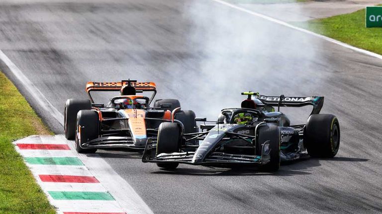 Lewis Hamilton (vorne) und Oscar Piastri kamen sich in Monza in die Quere.