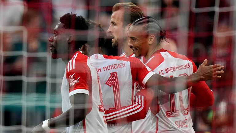 Bayern&#39;s Leroy Sane celebrates with team-mates after scoring his side&#39;s second goal