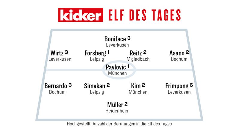 Die Kicker-Elf des 15. Spieltags in der Übersicht.