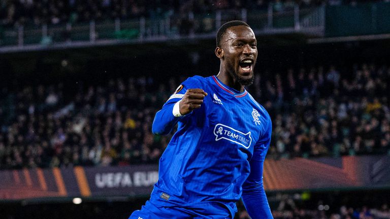 SEVILLE, SPAIN - DECEMBER 14: Rangers' Abdallah Sima celebrates as he scores to make it 1-0 during a UEFA Europa League match between Real Betis and Rangers at Estadio Benito Villamarin, on December 14, 2023, in Seville, Scotland. (Photo by Alan Harvey / SNS Group)