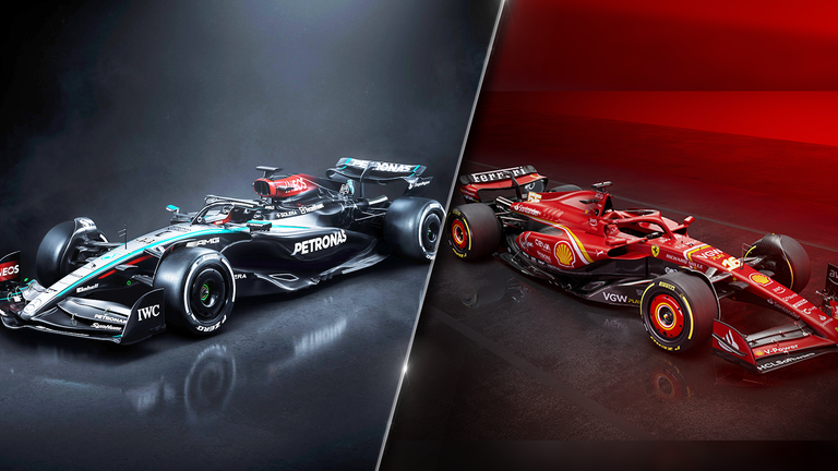 Mercedes und Ferrari setzen 2024 auf ihre traditionellen Farben (Quellen: Mercedes AMG F1 Team/Scuderia Ferrari).