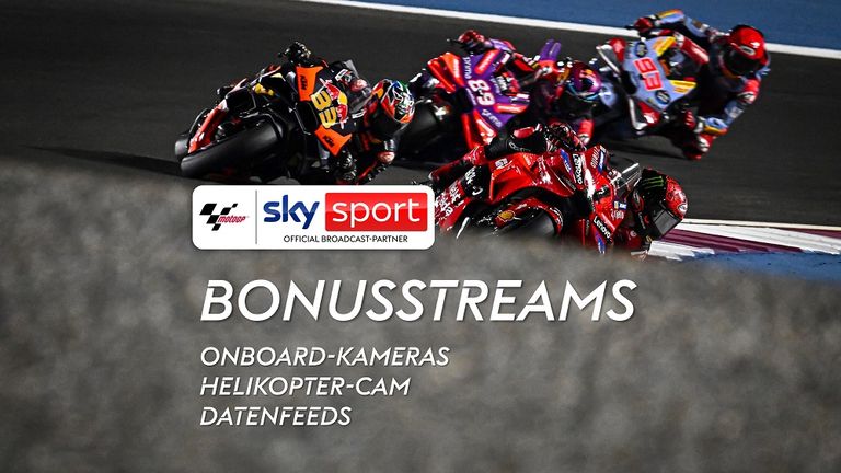 Hier siehst Du die Bonusstreams zur MotoGP - die OnBoard-Kameras von vier verschiedenen Fahrern, die Helicam, sowie zwei Datenfeeds
