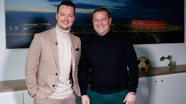 Sky Reporter Florian Plettenberg (l.) traf Bayerns Sportvorstand Max Eberl zum großen Interview (Quelle: Philippe Ruiz)