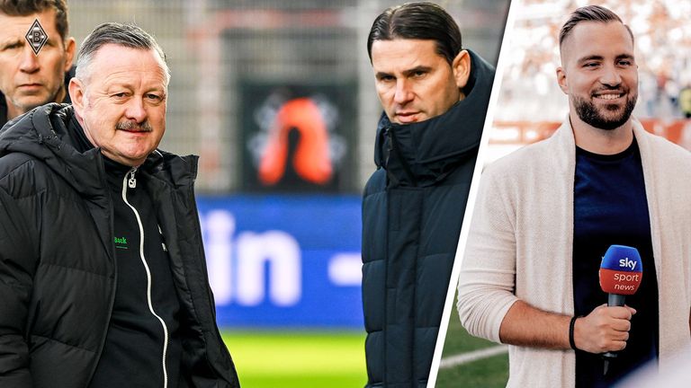 Sky Reporter Marlon Irlbacher (r.) bewertet die Situation bei Borussia Mönchengladbach rund um Trainer Gerardo Seoane (2.v.r.) und Sportdirektor Roland Virkus.