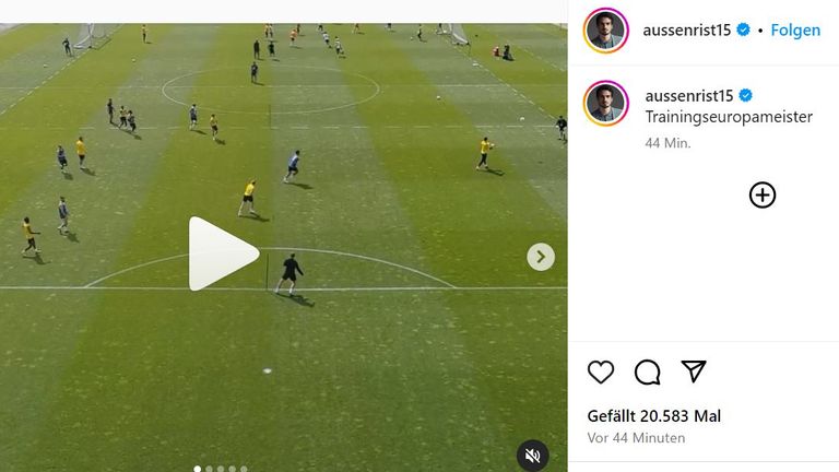 Mats Hummels hat fünf Videos aus einer BVB-Trainingsspielform hochgeladen und mit "Trainingseuropameister" beschriftet. Quelle: Instagram/aussenrist15