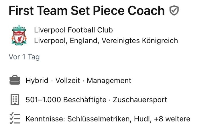 Der FC Liverpool sucht aktuell auf der Karrierenetzwerk-Plattform LinkedIn einen passenden Trainer für Standardsituationen.