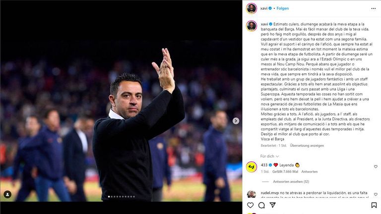Abschied in den Sozialen Netzwerken: Xavi bedankt sich bei den Fans. (Quelle: Instagram)