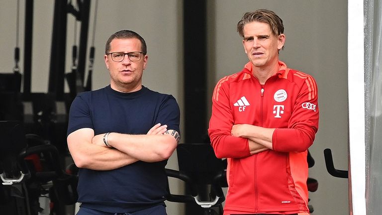 Sportvorstand Max Eberl (links im Bild) und Sportdirektor Christoph Freund basteln am FC Bayern der Zukunft.