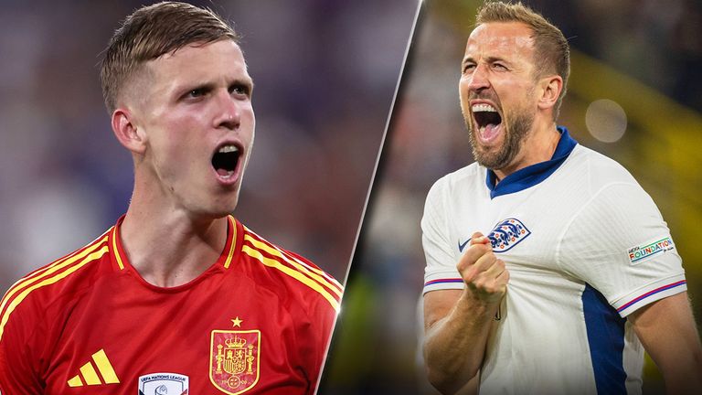 Spaniens Dani Olmo (l.) und Englands Harry Kane stehen sich im EM-Finale gegenüber.