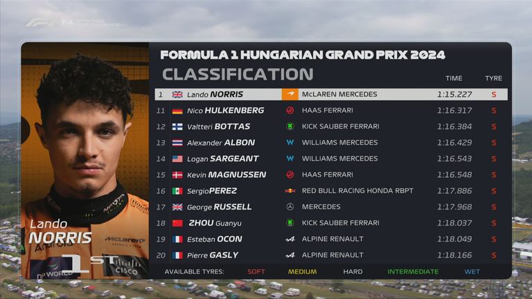 Die Plätze 11 bis 20 beim Qualifying zum GP von Ungarn.