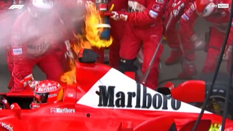 Feuer in der Box bei Michael Schumacher und Jos Verstappen - bei Red Bull fehlen die Reifen. Sky Sport mit der Top 220 der schlimmsten Boxenstopps in der Formel 1.