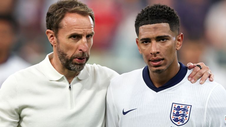 FRANKFURT AM MAIN, GERMANY - JUNE 20: Coach Gareth Southgate of England with Jude Bellingham of England after the UEFA EURO 2024 group stage match between Denmark and England at Frankfurt Arena on June 20, 2024 in Frankfurt am Main, Germany. (Photo by Stefan Matzke - sampics/Corbis via Getty Images)