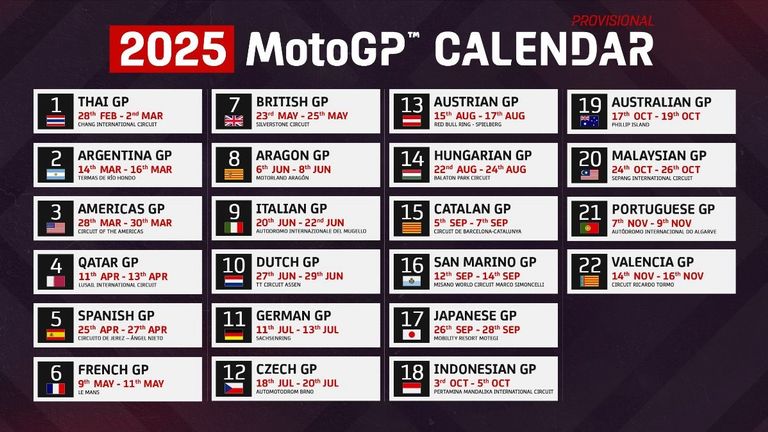 So sieht der vorläufige Rennkalender der MotoGP-Saison 2025 aus.