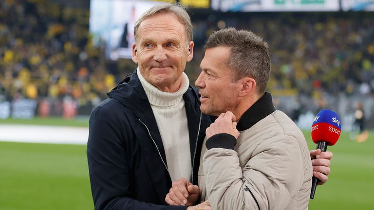 BVB-Boss Hans-Joachim Watzke (l.) adelt Sky Experte Lothar Matthäus (r.).