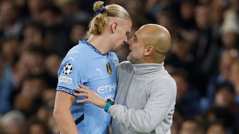 Erling Haaland (l.) und Pep Guardiola (r.) stecken mit Manchester City in einer Krise.