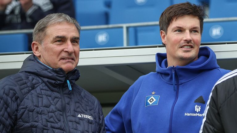 HSV-Sportvorstand Stefan Kuntz(l.) mit dem bisherigen Interimstrainer Merlin Polzin.