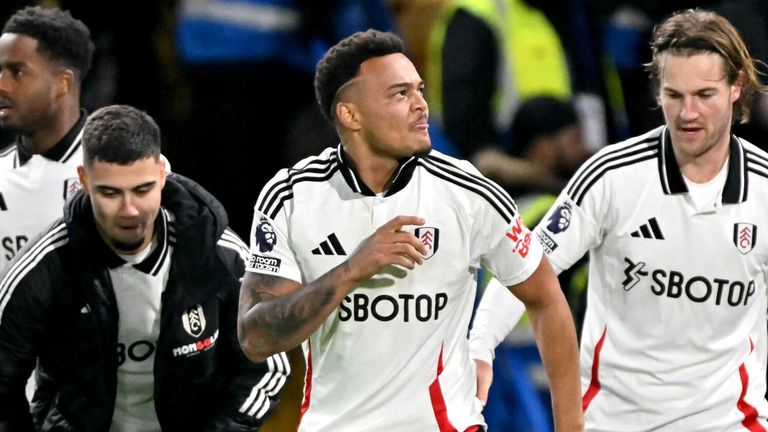 Rodrigo Muniz celebrates after scoring a late winner for Fulham at Stamford Bridge