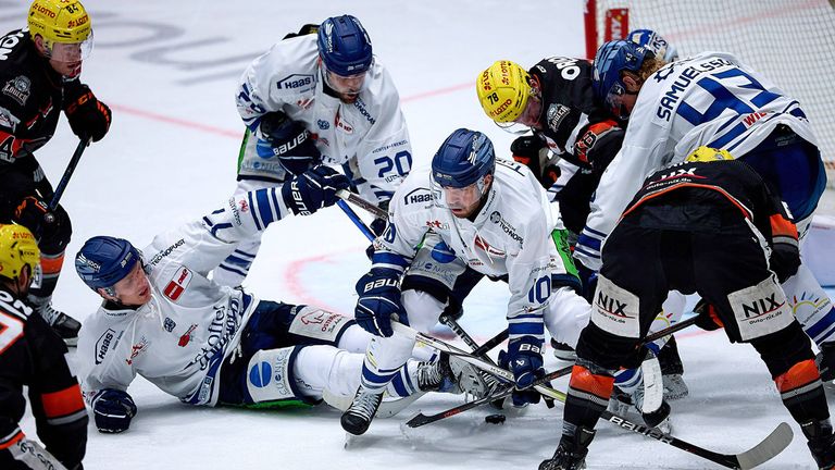 Die Straubing Tigers (weiße Trikots) setzen sich in den DEL-Pre-Playoffs gegen die Löwen Frankfurt durch. 