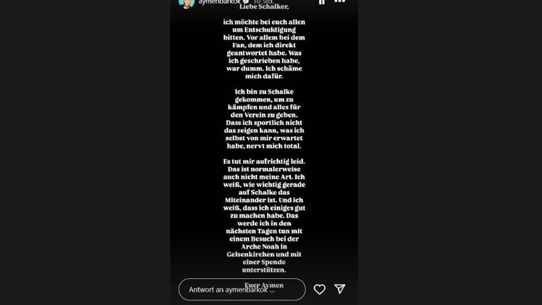Schalke-Profi Aymen Barkok hat sich via Instagram bei den Fans entschuldigt.