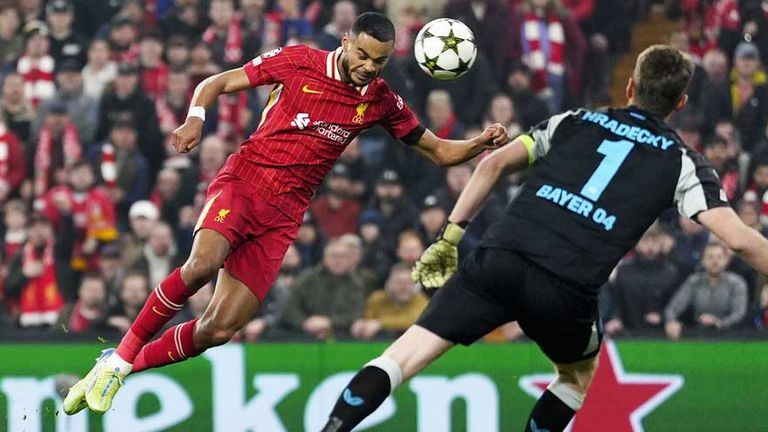 Cody Gakpo erzielt in der Champions League ein Tor für Liverpool gegen Leverkusen.