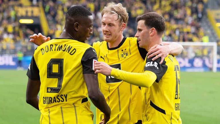 Serhou Guirassy, Julian Brandt und Pascal Groß (v.l.) haben mit dem BVB die Champions League erreicht.