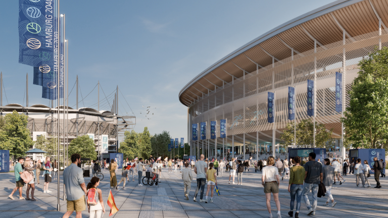 Auf der linken Seite das Volksparkstadion und rechts die neue Leichtathletikarena. (Quelle: Hamburg Active City)