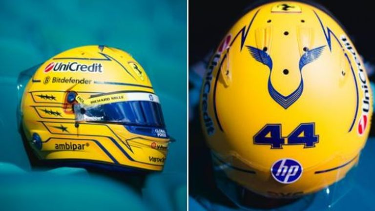 Lewis Hamilton pimpt seinen obligatorischen gelben Helm beim Miami-GP mit blauen Akzenten - Stichwort: Sponsor HP (Quelle: X/@ScuderiaFerrari).