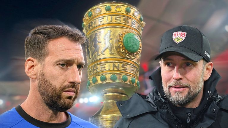 Trainer Mitch Kniat (l.) trifft mit Arminia Bielefeld im DFB-Pokal-Finale auf Coach Sebastian Hoeneß und den VfB Stuttgart.