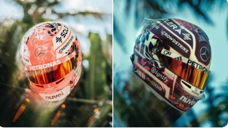 Auch die beiden Mercedes-Piloten haben sich für einen speziellen Helm entschieden: George Russell (links) und Kimi Antonelli (rechts) (Quelle: X/@ MercedesAMGF1)