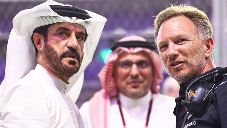 FIA-Präsident Mohammed Ben Sulayem (l.) im Gespräch mit Red-Bull-Teamchef Christian Horner.