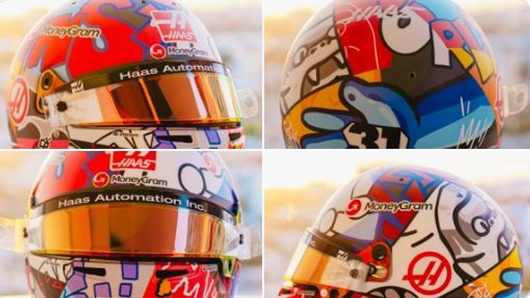 Der Helm von Haas-Pilot Esteban Ocon ist im Cartoon-Style gehalten - in Anlehnung an die Straßenkunst Miamis (Quelle: X/@HaasF1Team).