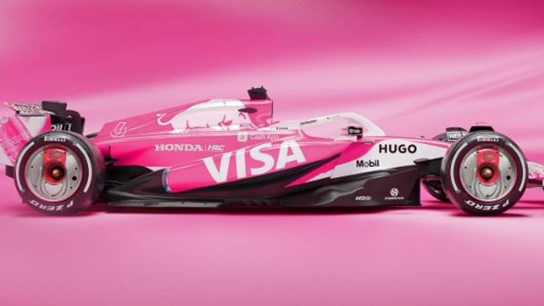 Die Racing Bulls erstrahlen beim Miami-GP in Party-Pink. Offiziell ist die Lackierung von der neuen Red Bull Summer Edition White Peach inspiriert (Quelle: X/@visacashapprb).