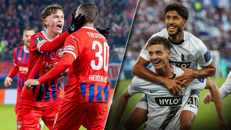 Wer setzt sich in der Relegation durch? Bundesligist Heidenheim mit Paul Wanner (l.) trifft auf Zweitligist SV Elversberg mit Fisnik Asllani (re. Foto, unten) und Muhammed Damar.