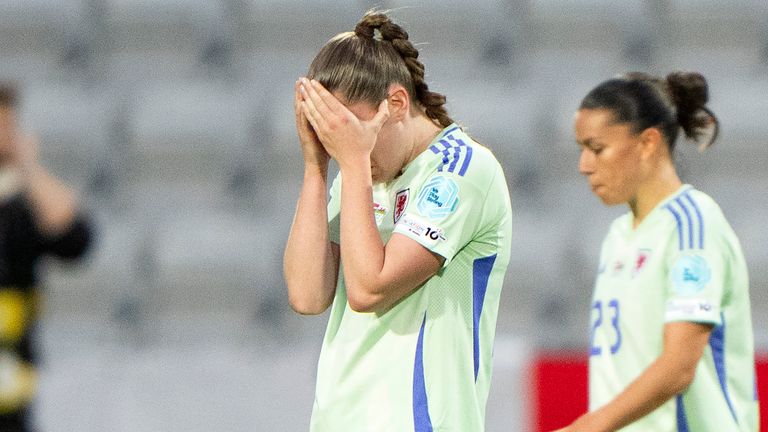 Wales Carrie Jones reacts after losing to Denmark in a UEFA Women's Nations League soccer match at Odense Stadium, Friday, May 30, 2025, in Odense, Denmark. ( Bo Amstrup//Ritzau Scanpix via AP)