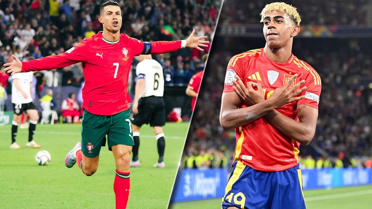 Cristiano Ronaldo (l.) und Portugal fordern Spanien mit Lamine Yamal.