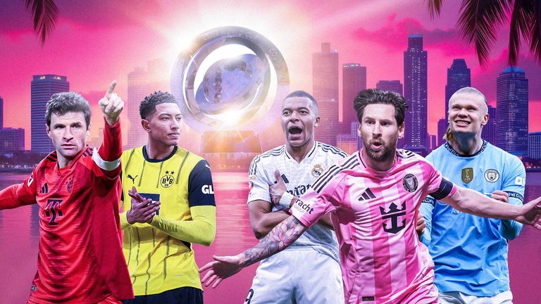 Thomas Müller (v.l.), Jobe Bellingham, Kylian Mbappe, Lionel Messi und Erling Haaland zählen zu den Attraktionen bei der Klub-WM in den USA.
