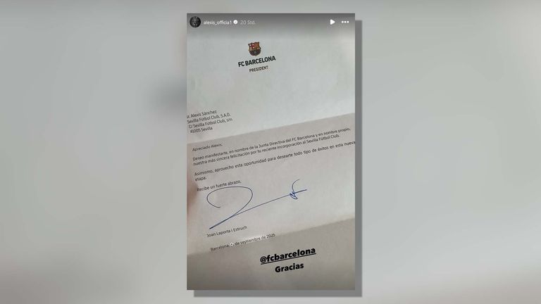 Alexis Sanchez bedankt sich beim FC Barcelona via Instagram (Quelle: alexis_officia1 @ Instagram).