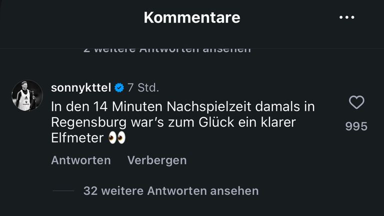 Sonny Kittel kommentierte auf Instagram einen Ausschnitt des Schmidt-Interviews bei Sky.