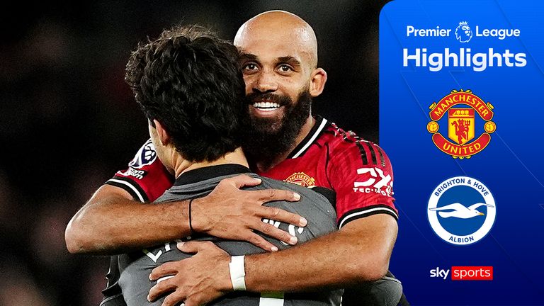 Bryan Mbeumo and goalkeeper Senne Lammens celebrate Manchester United's win against Brighton in the Premier League.