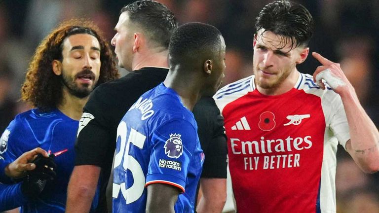 Chelseas Moises Caideco (2.v.r.) und Arsenals Declan Rice treffen am Sonntag aufeinander.