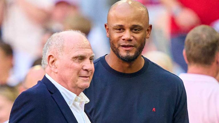 Uli Hoeneß (l.) ist sehr zufrieden mit der Arbeit von Bayern-Trainer Vincent Kompany.