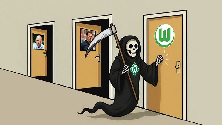 Der "Sensenmann" SV Werder Bremen hat nach Erik ten Hag (von l.) und Gerardo Seoane auch den Trainer des VfL Wolfsburg rausgeschmissen.