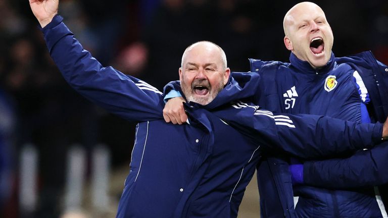 GLASGOW, SCOTLAND - NOVEMBER 18: Scotland Head Coach Steve Clarke celebrates the fourth goal during a FIFA World Cup 2026 Qualifier between Scotland and Denmark at Hampden Park, on November 18, 2025, in Glasgow, Scotland. (Photo by Alan Harvey / SNS Group)